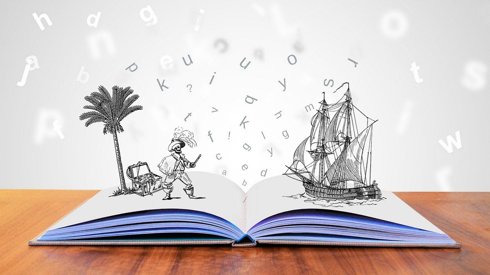 Keep IN Learnign - Books Technology that Never Goes Offline book open on a table with a sceen of a pirate and ship popping out