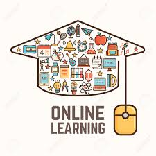 Online Learning - Graduation Cap Online Learning - Graduation cap with learning icons inside
