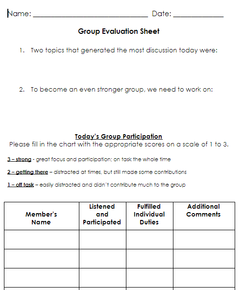Group Evaluation Sheet Group evalution sheet example
