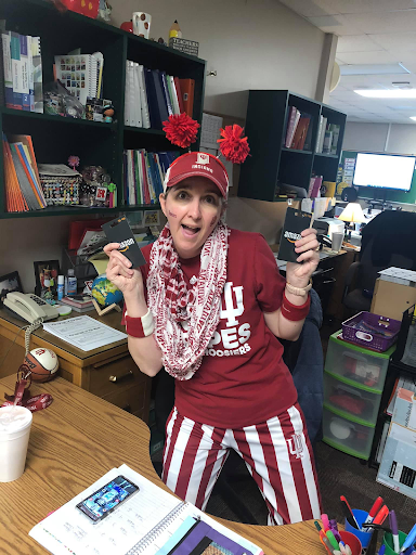 teacher dressed up in IU gear