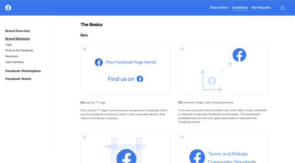 Facebook Style Guide - Logo Guidelines Screenshot Facebook's Logo Guidelines in their style guide include detailed images of Do's and Dont's for using their logo.