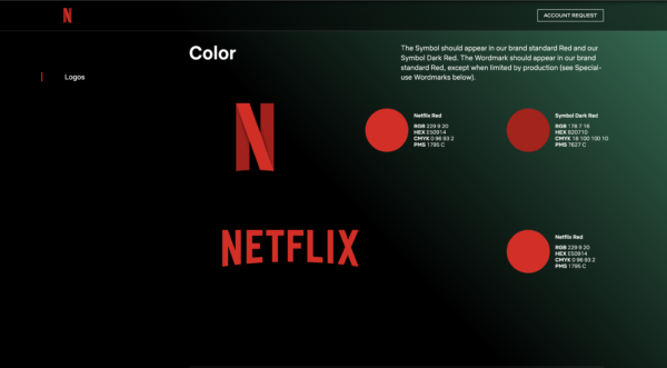 Netflix Style Guide - Colors Screenshot Netflix's style guide includes multiple color values for each brand color next to each logo.