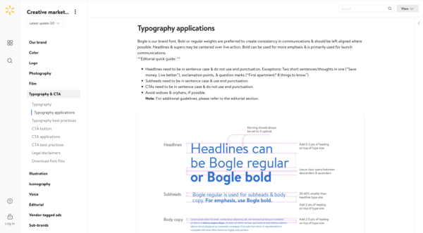 Walmart Style Guide - Font Guidelines Screenshot Walmart's style guide breaks down spacing for their custom font with visuals and descriptions.