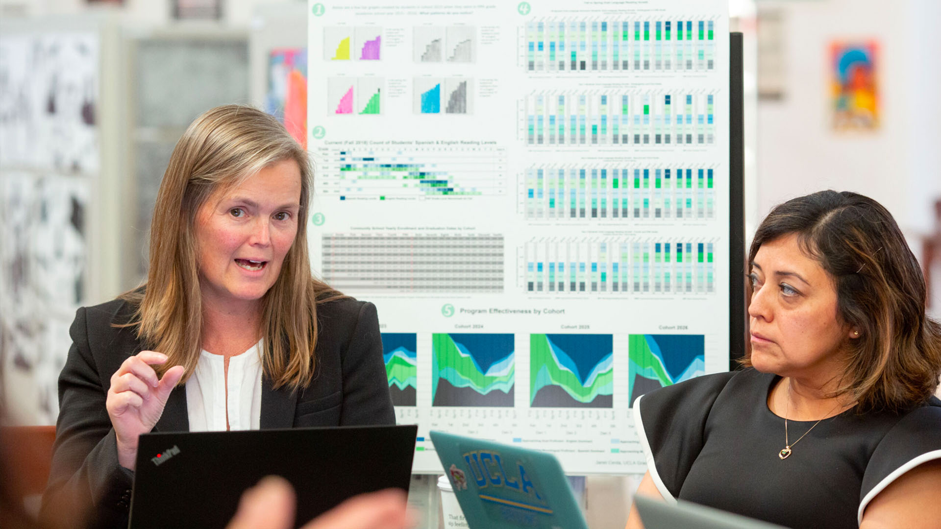 Two female teachers during faculty meeting 2 Two teachers discussing content.