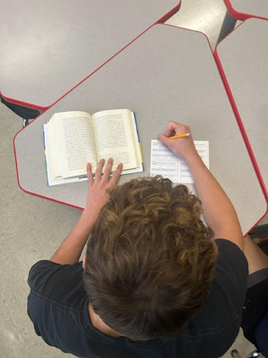 Student making notes from a book.