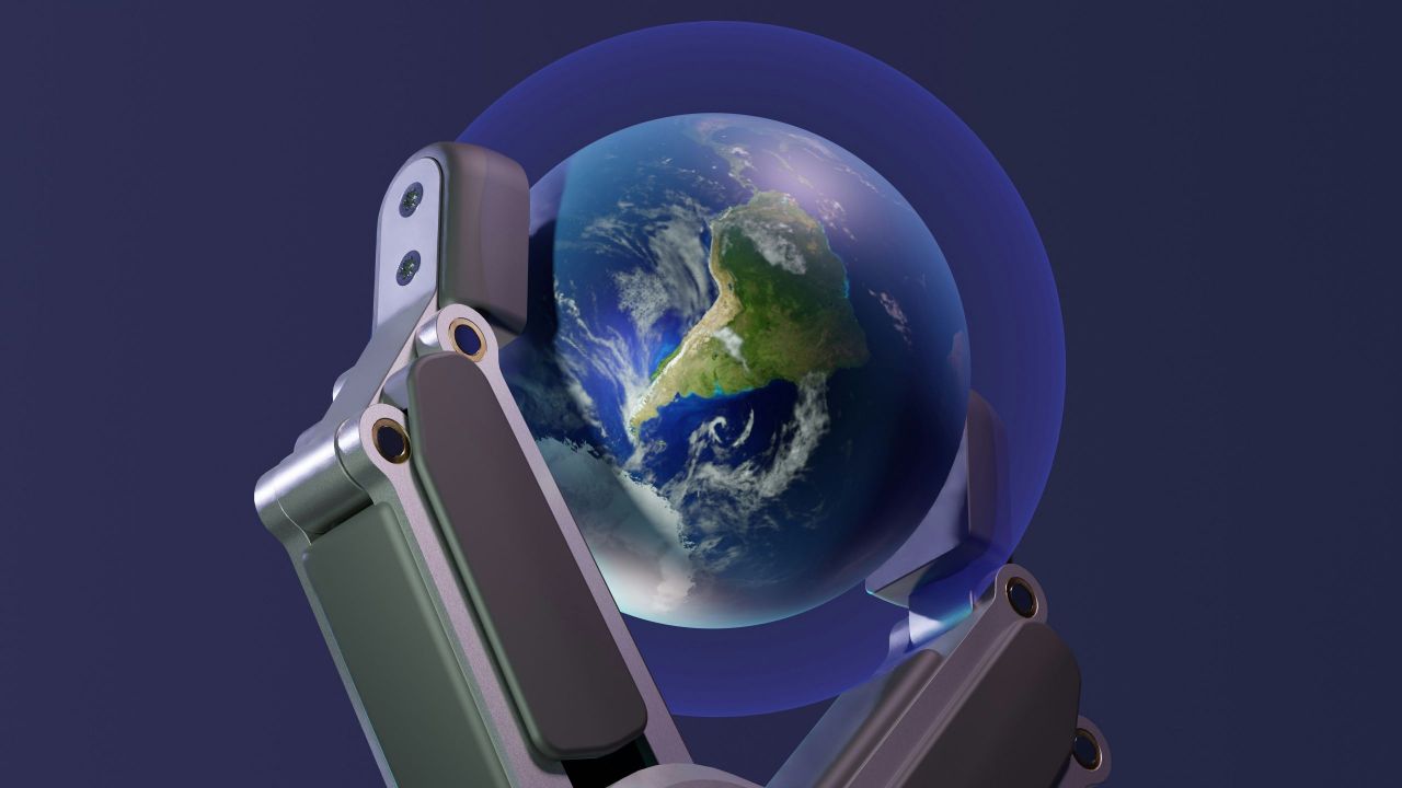 The Earth, in a bubble, held by a clamp.