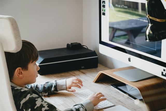 Boy sitting at a computer and doing some design work for a project.
